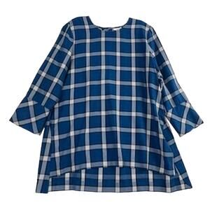 J. Jill 3/4 Sleeve Windowpane Plaid Side Slit Pullover Tunic Blue Medium PETITE